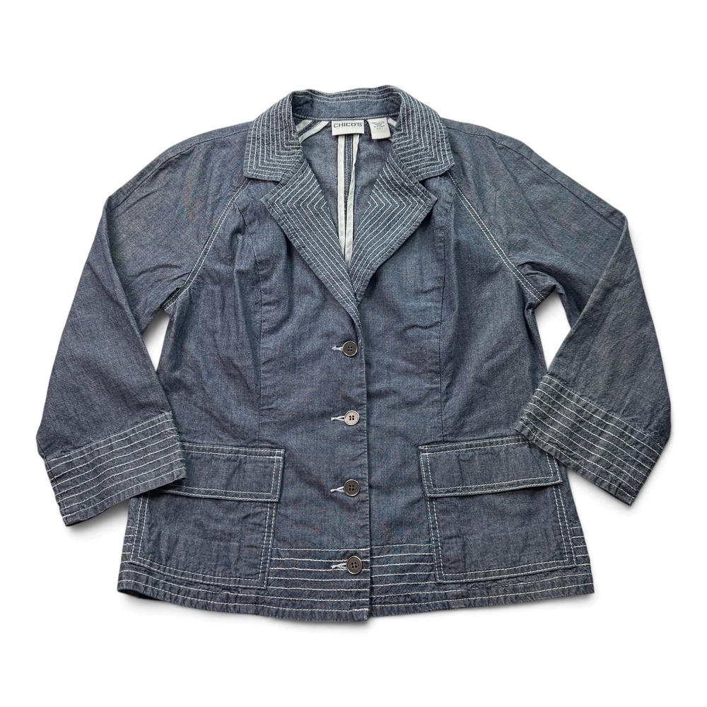 Chicos Denim Blazer Contrast Stitch Cotton Jacket Blue Womens Size 1 M 8 10